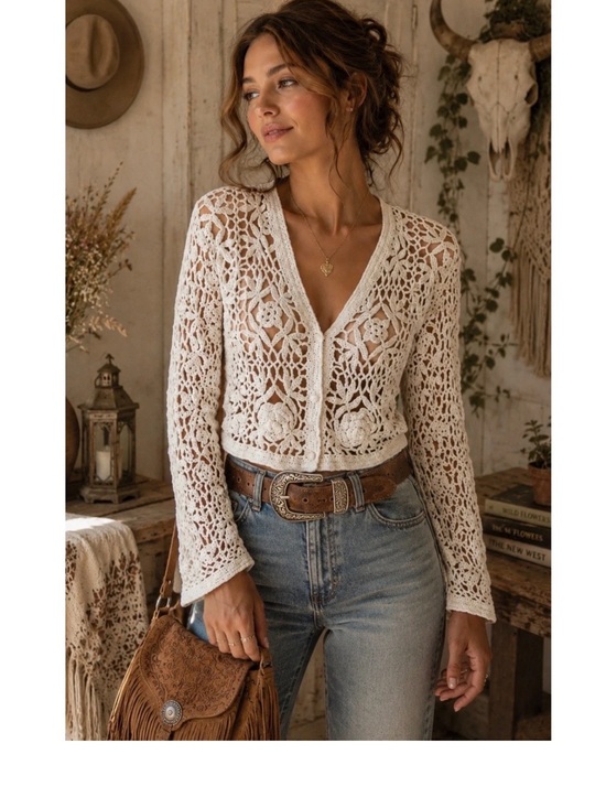 Contempo Sweaters - Vtg 90s Contempo White Cropped Crochet Cardigan Sweater Coquette Cottagecore